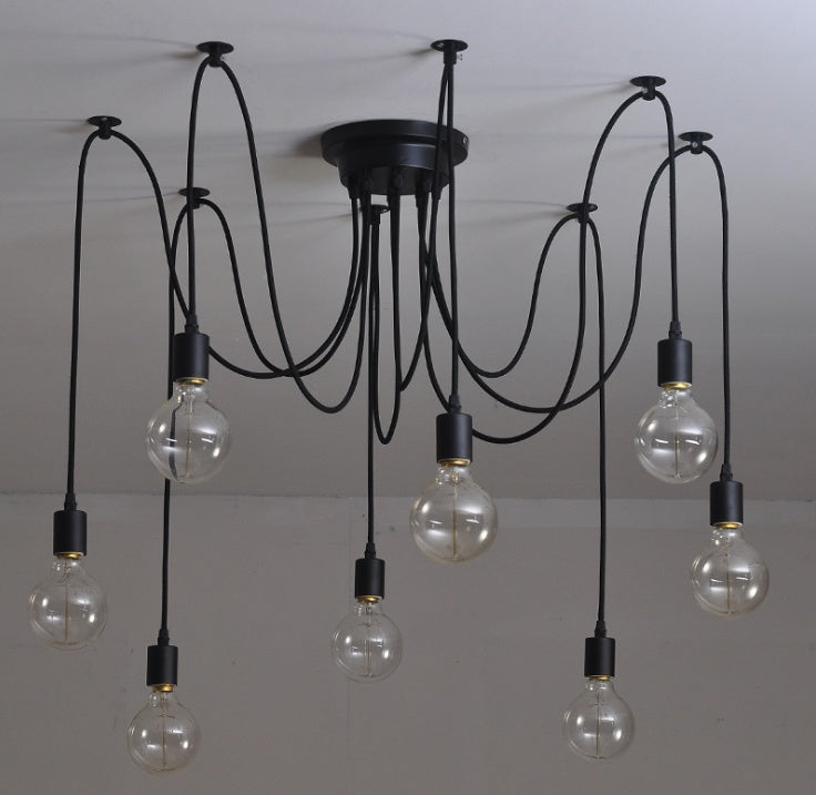 Loft-style iron chandelier with multiple hanging light arms, ceiling-mounted