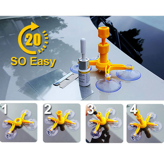 Windshield repair kit suction cup mounted on glass crack