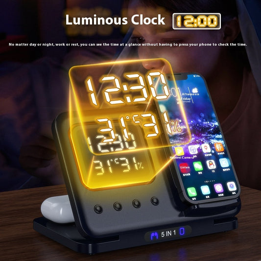 5-in-1 wireless charging dock charging phone, Apple Watch, and earbuds at once