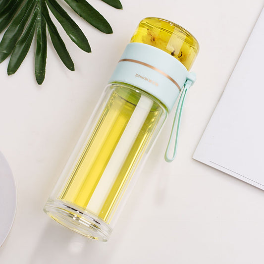 Glass water bottle with stainless steel tea strainer