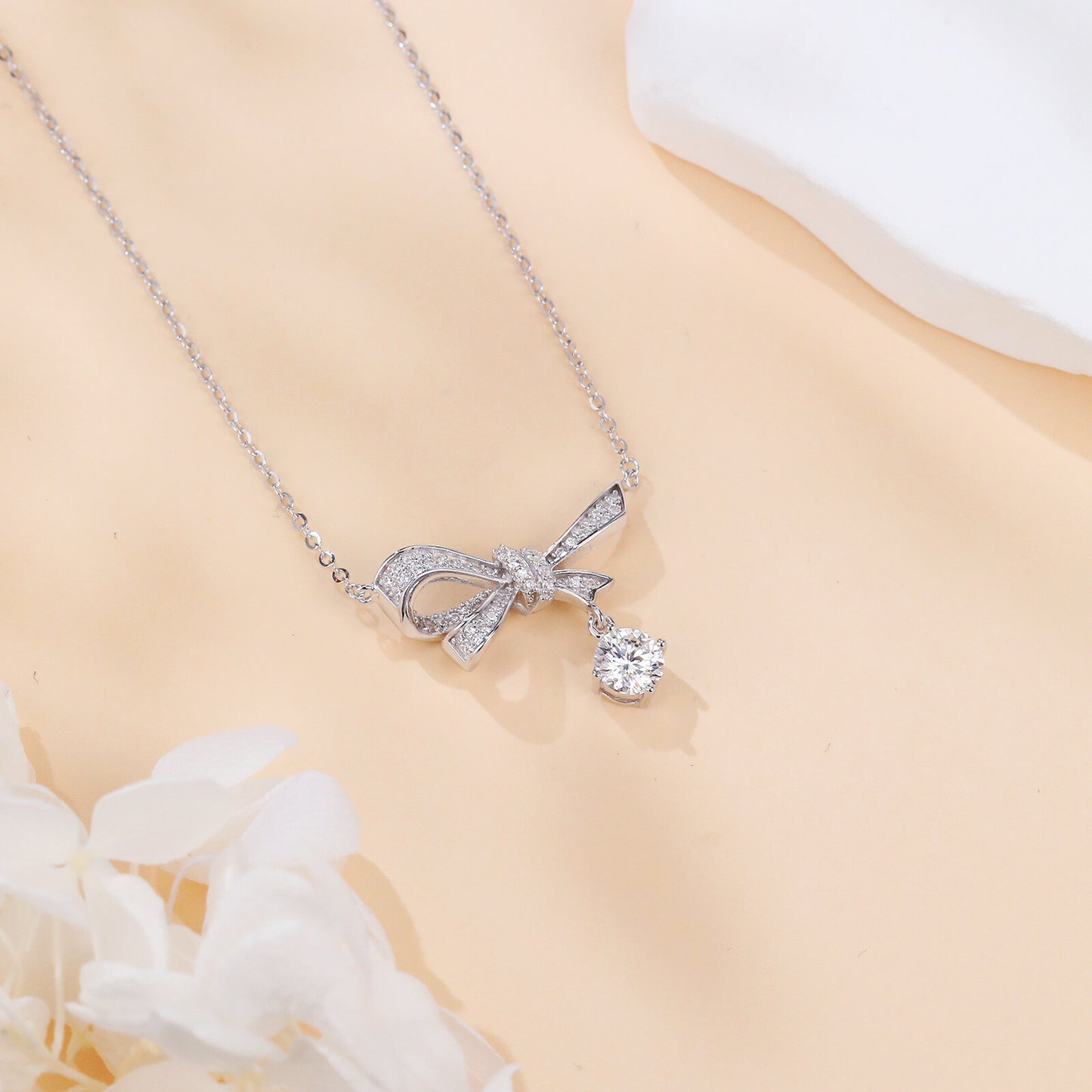 925 Sterling Silver Bow Necklace with Moissanite Pendant β photo 6 of 6