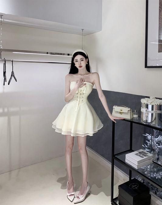 One-shoulder princess dress styled on model - front view