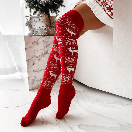 Winter Christmas Warm Knitted Over-the-Knee Stockings β Elk & Snowflake Jacquard - product photo 2 of 5