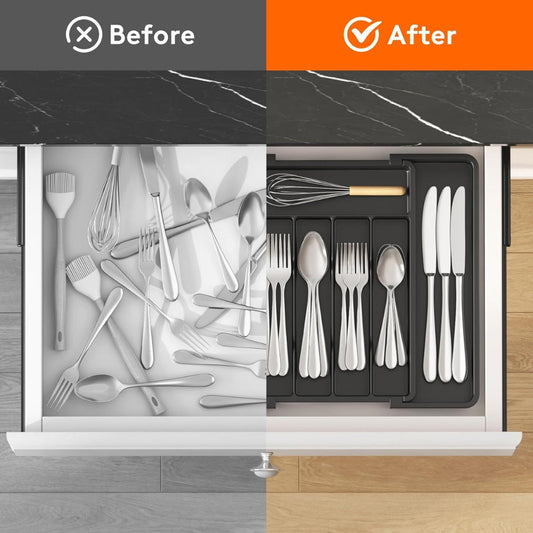 Silverware organizer expanded to fit larger drawer