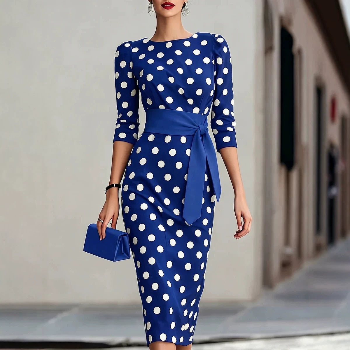 Polka Dot Pencil Midi Dress – Waist Belt, O-Neck Formal Office Wear - product photo 7 of 8