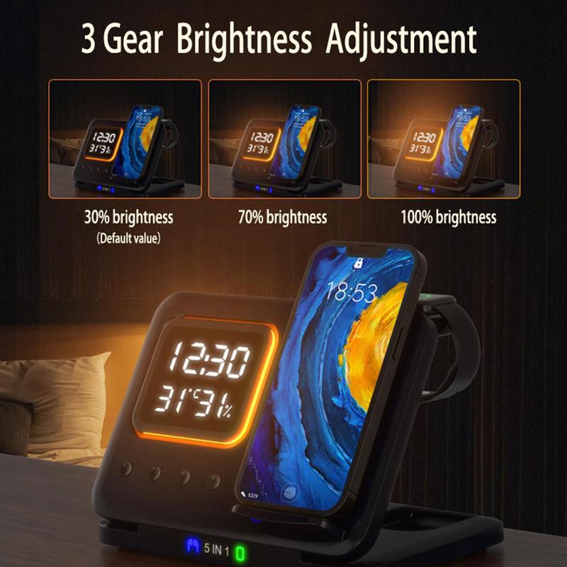 White 5-in-1 wireless charging stand with LED alarm clock on nightstand