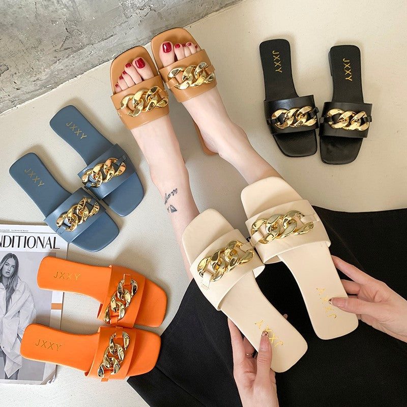Women's square toe flip flop slippers with metal buckle accent