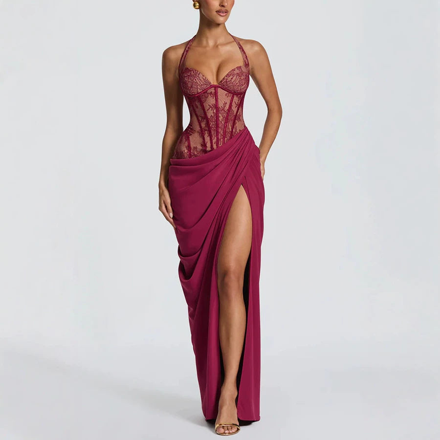 halter dress in burgundy