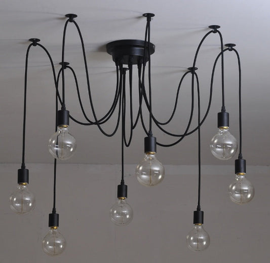 Loft-style iron chandelier with multiple hanging light arms, ceiling-mounted