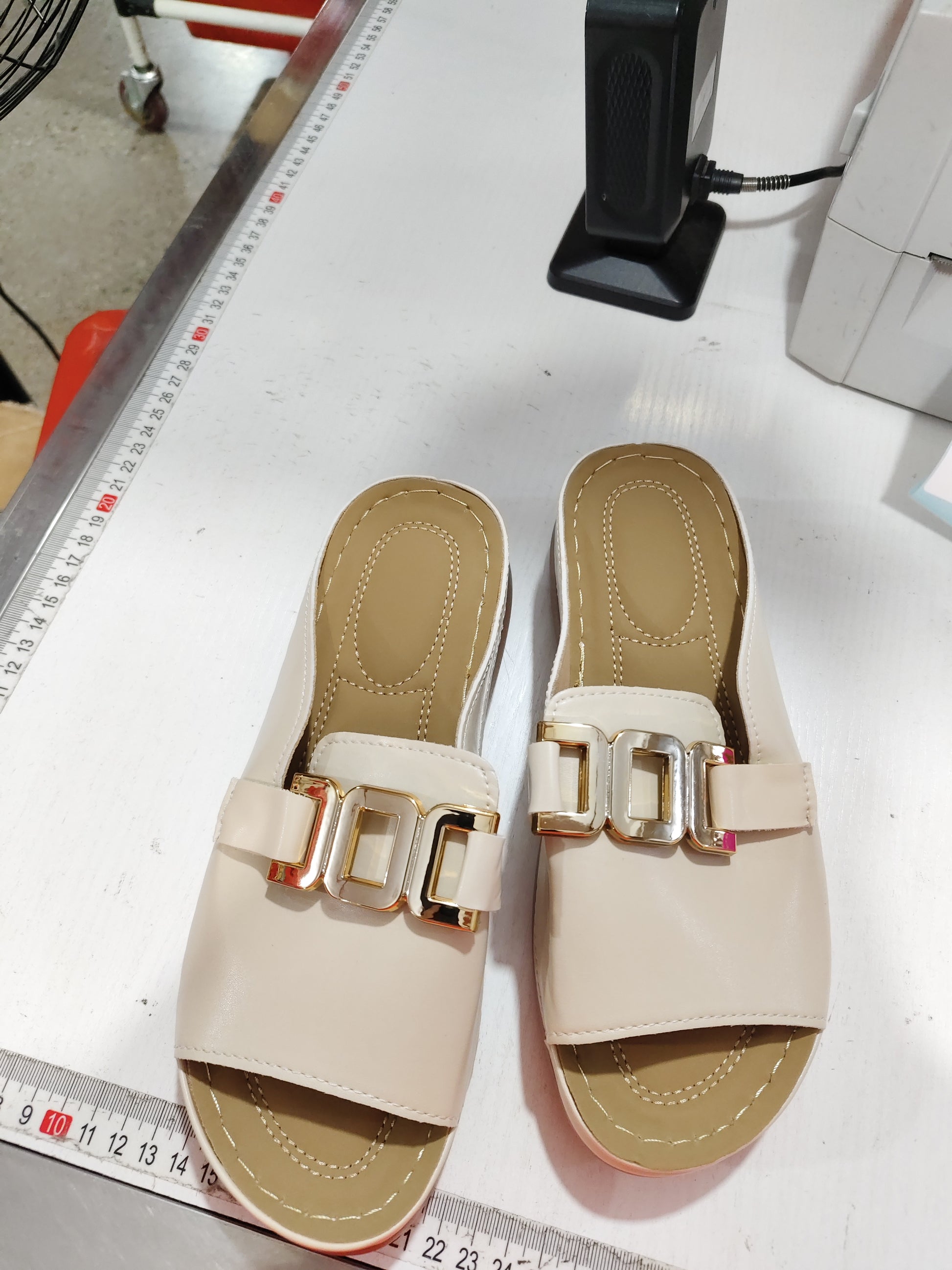Platform sandals worn, front view