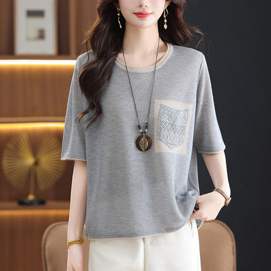 Flattering tummy-hiding ice silk knit t-shirt – fabric texture close-up