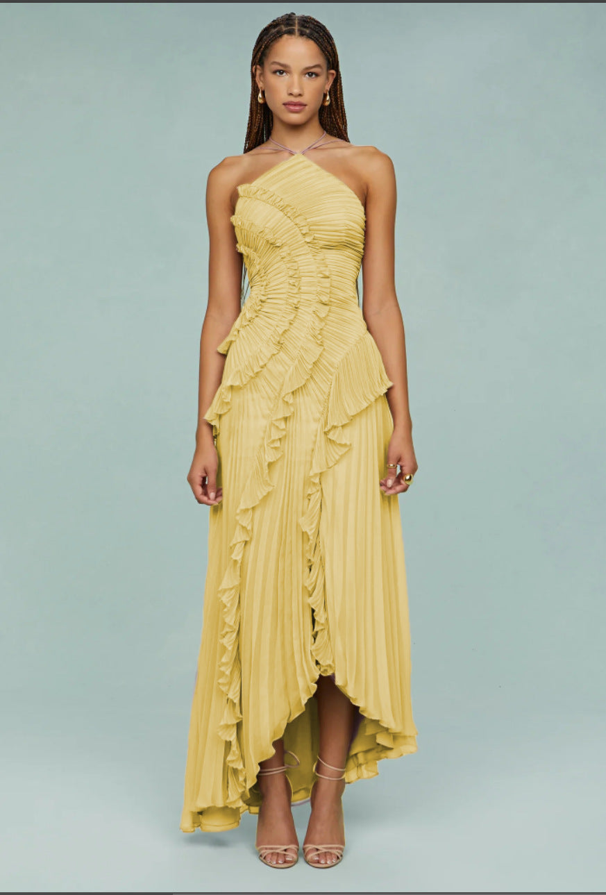 Ruffled pleated dress worn, front view