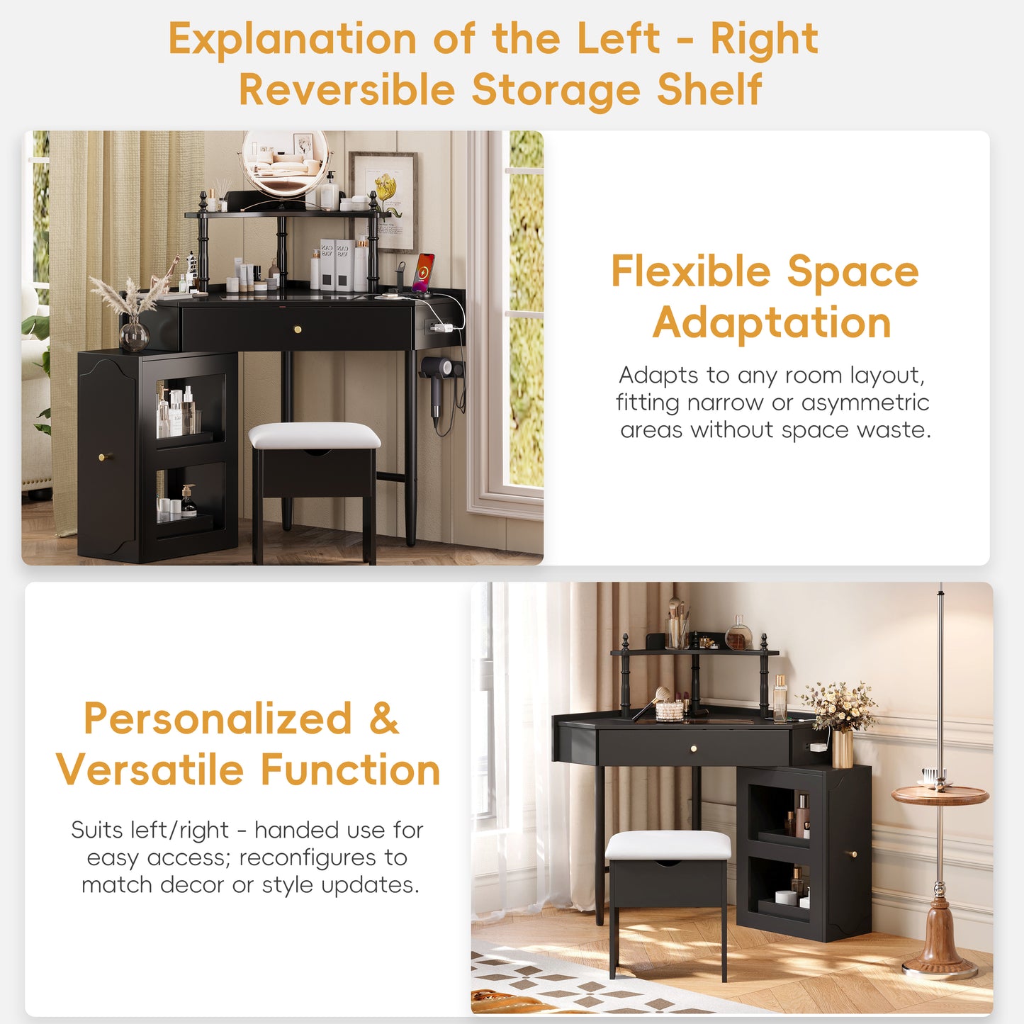 Corner Vanity Desk Set with Cushioned Stool, Charging Station & Storage Cabinet - product photo 4 of 5