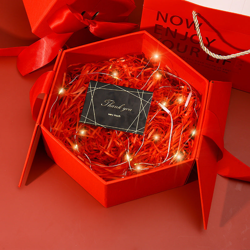 Hexagonal gift box open showing interior
