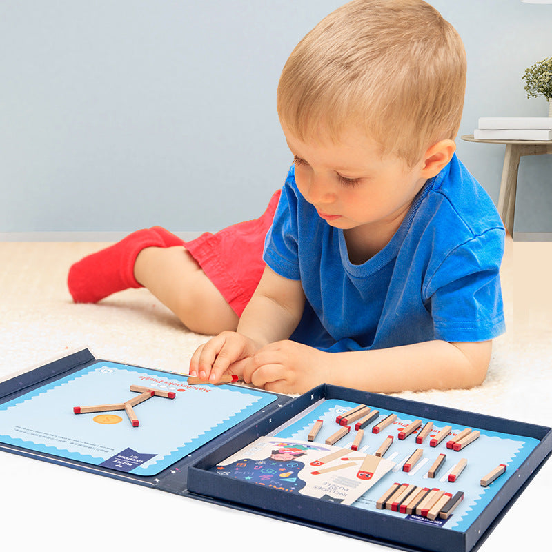 Montessori wooden matchstick puzzle - matches and answer area