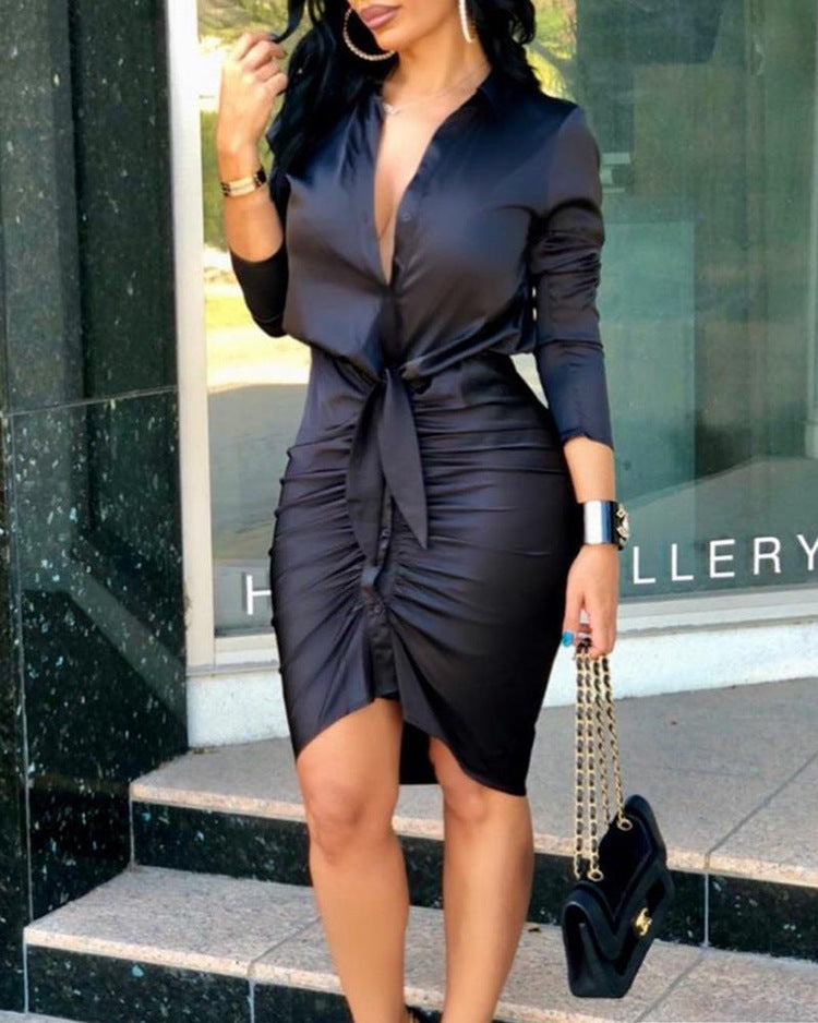 Women's Lace-Up Long Sleeve Midi Shirt Dress – Elegant Fashion Party Dress - product photo 4 of 5