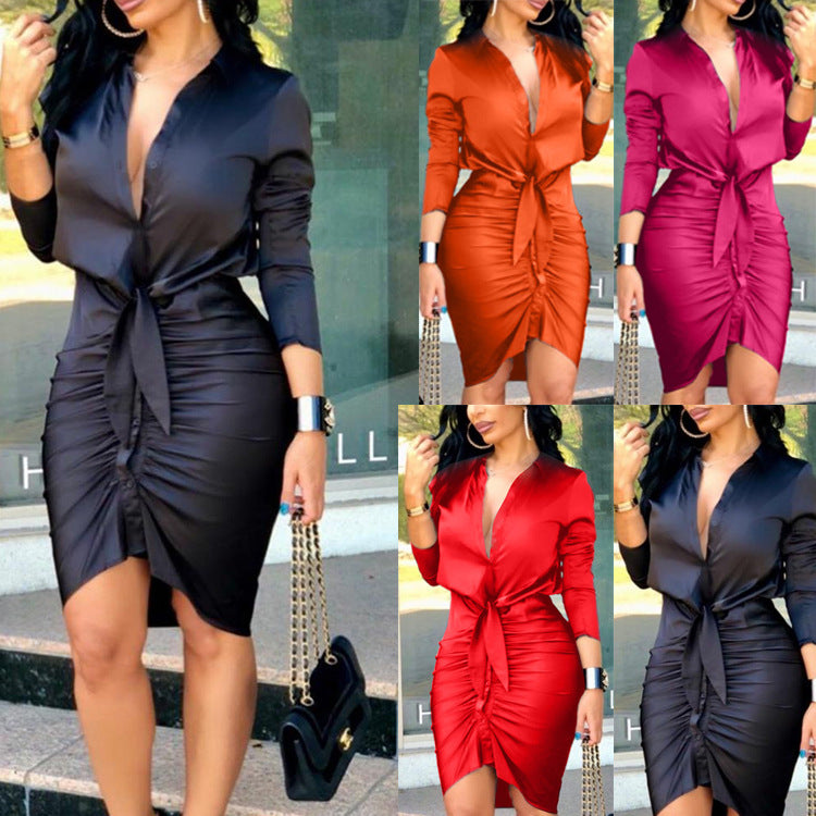 Women's Lace-Up Long Sleeve Midi Shirt Dress – Elegant Fashion Party Dress - product photo 1 of 5