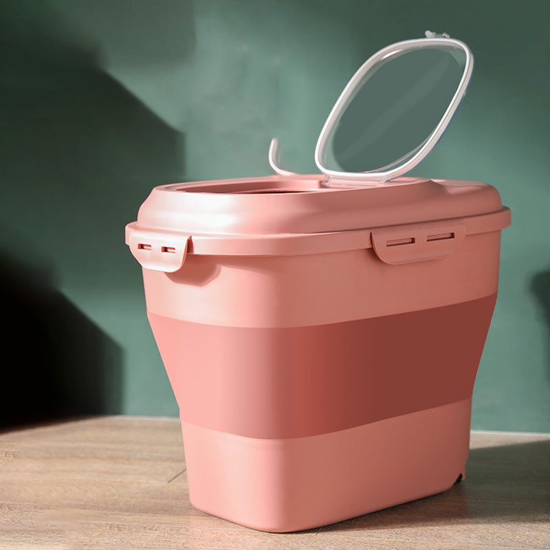 Pet food storage bucket in pantry kitchen setting