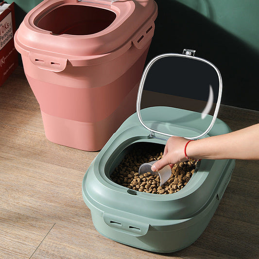 Pet food storage bucket lid open showing airtight seal