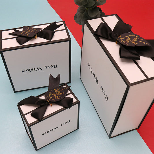 Square clamshell paper gift box, front view