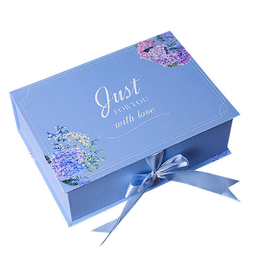 Blue rectangular clamshell gift box set, front view