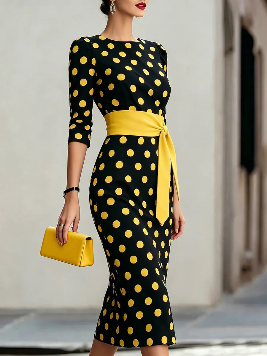 Polka Dot Pencil Midi Dress – Waist Belt, O-Neck Formal Office Wear - product photo 9 of 12