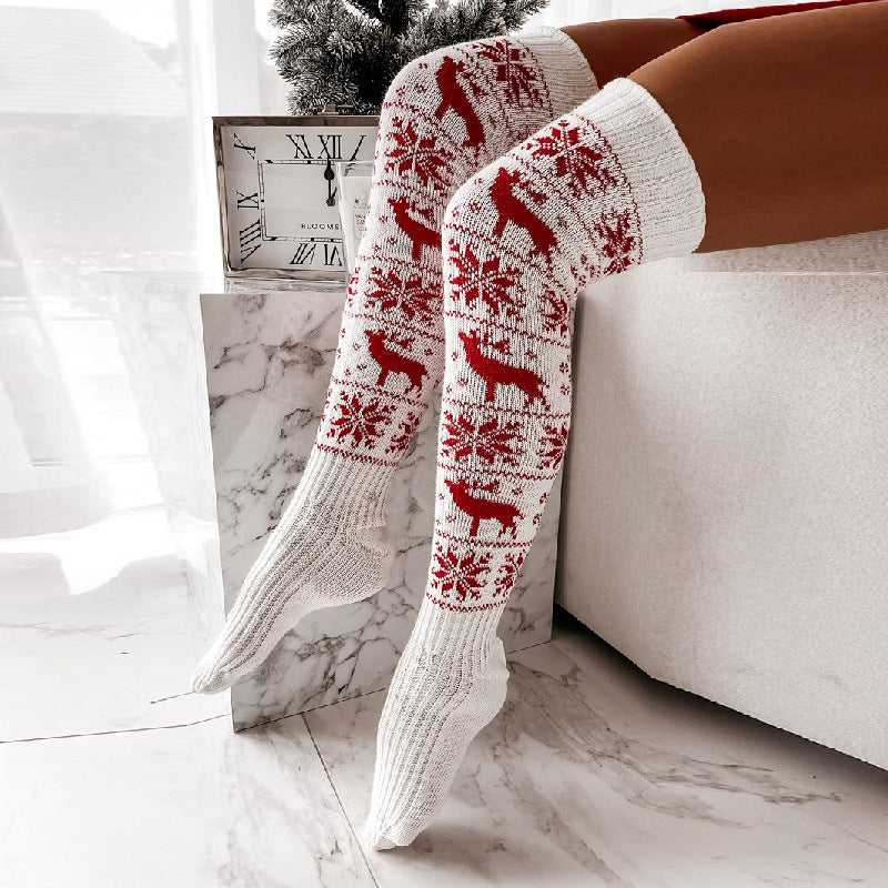 Winter Christmas Warm Knitted Over-the-Knee Stockings – Elk & Snowflake Jacquard - product photo 4 of 5