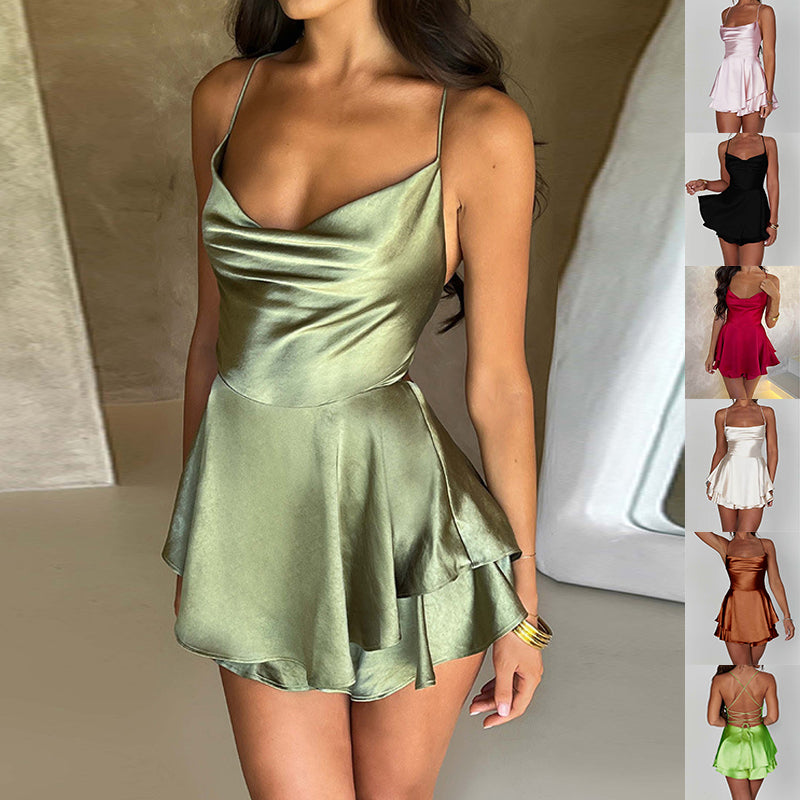 Sexy Suspender Satin Skirt Dress – Backless Lace-Up A-Line Short Dress - product photo 1 of 5