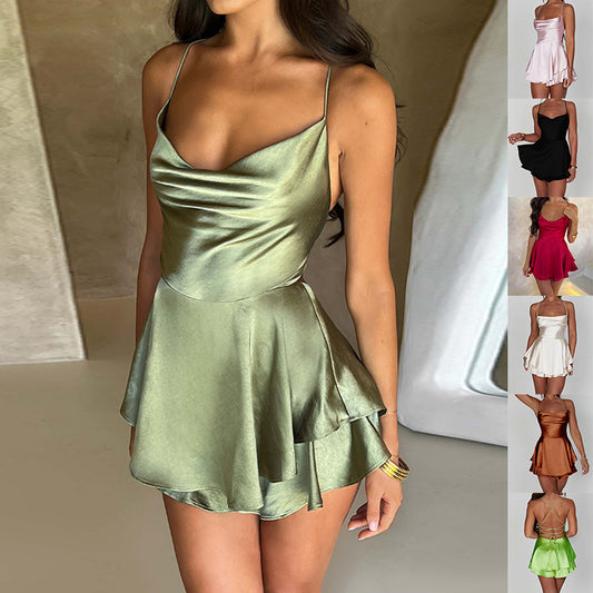 Sexy Suspender Satin Skirt Dress – Backless Lace-Up A-Line Short Dress - product photo 1 of 5