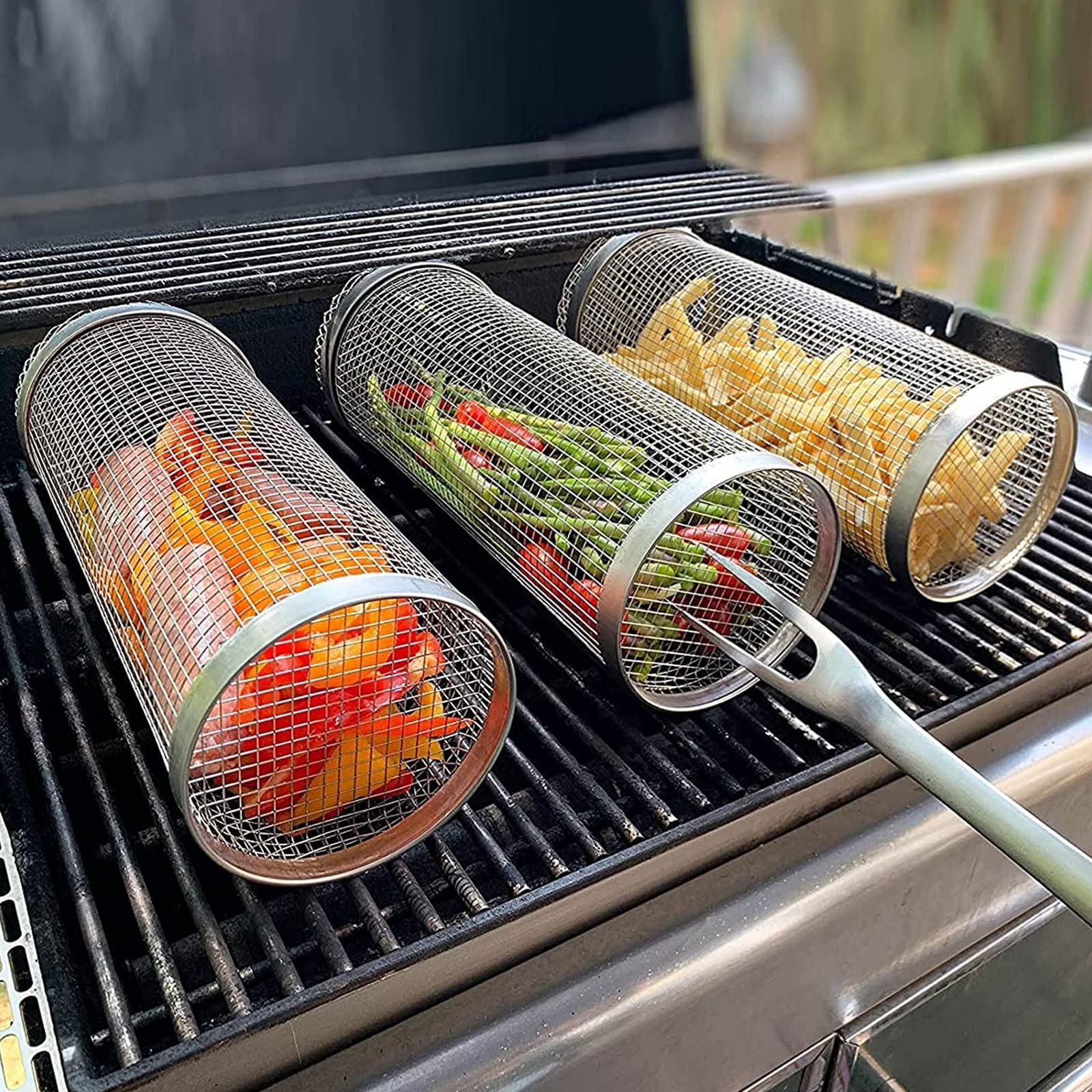 Stainless steel rolling BBQ grill basket - main view