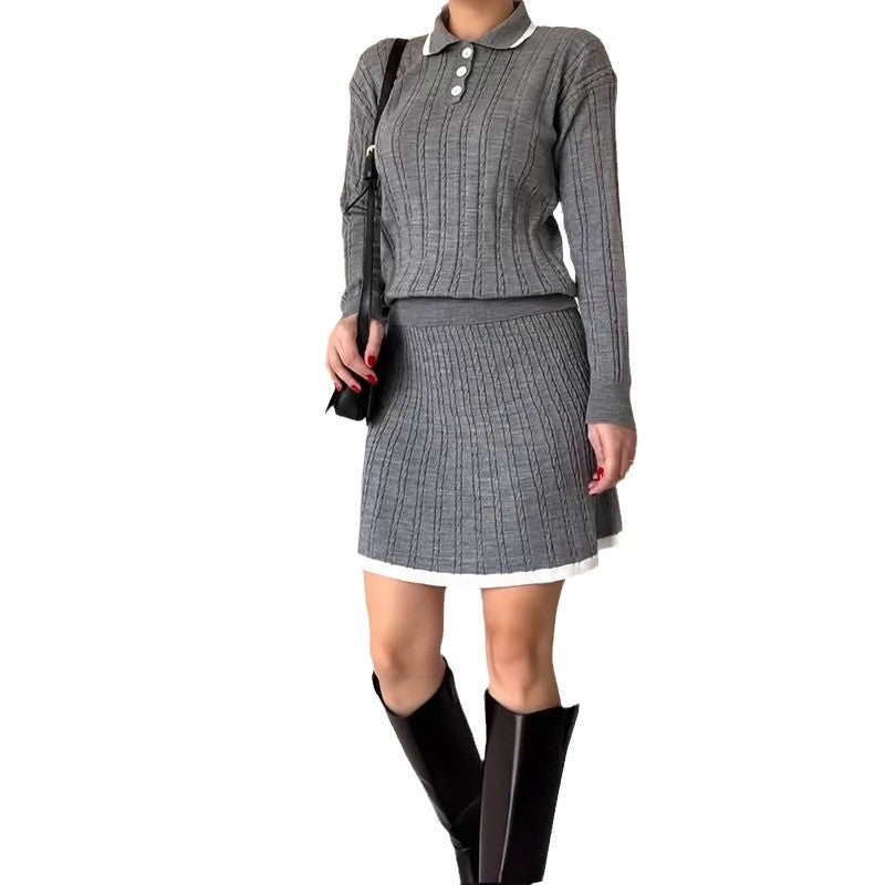 Polo-collar color-block patchwork mini skirt set - photo 7 of 9