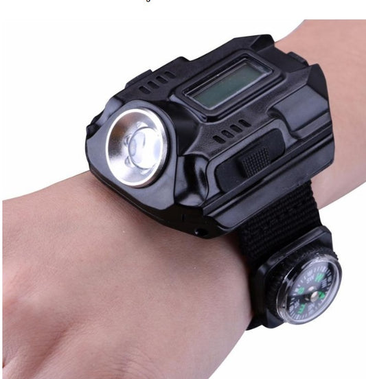 LED tactical flashlight watch with compass, black, front view