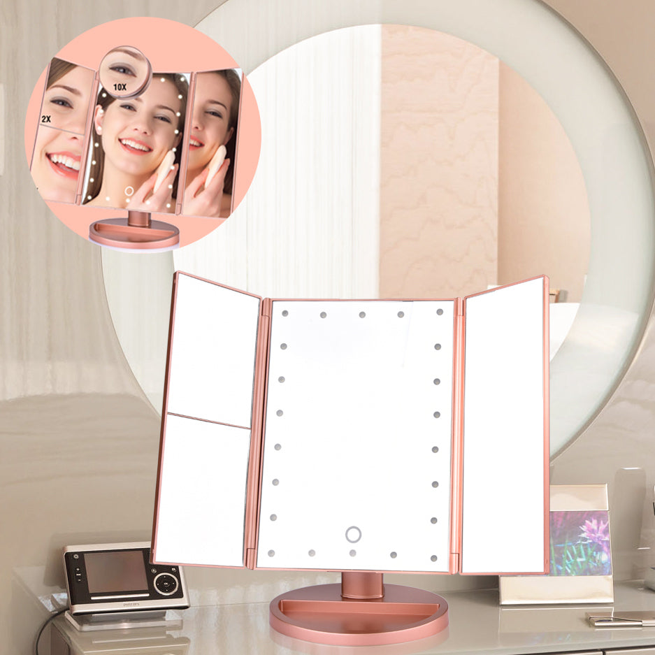 24-LED tri-fold touch screen makeup mirror, front view