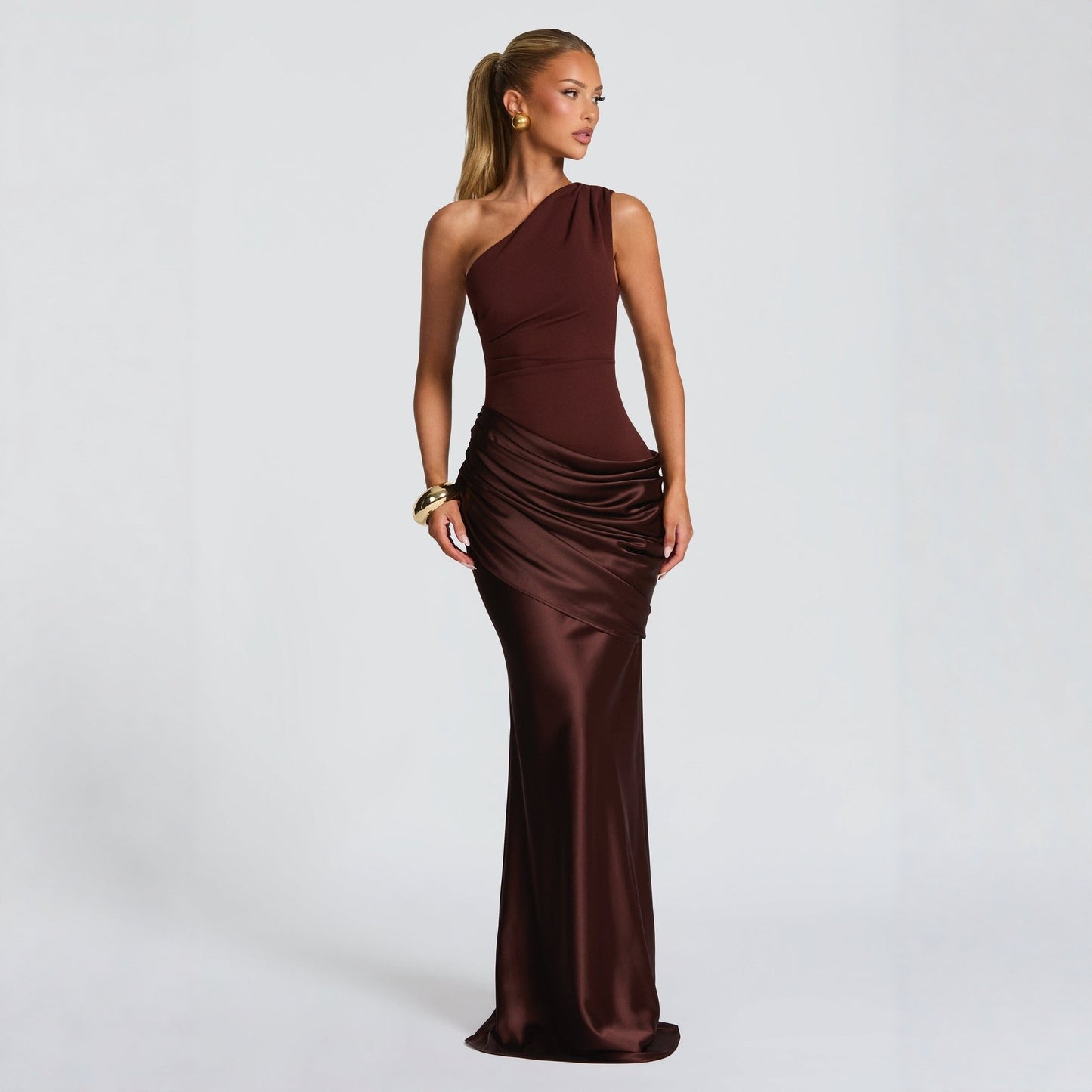 Off-shoulder maxi dress worn, front view