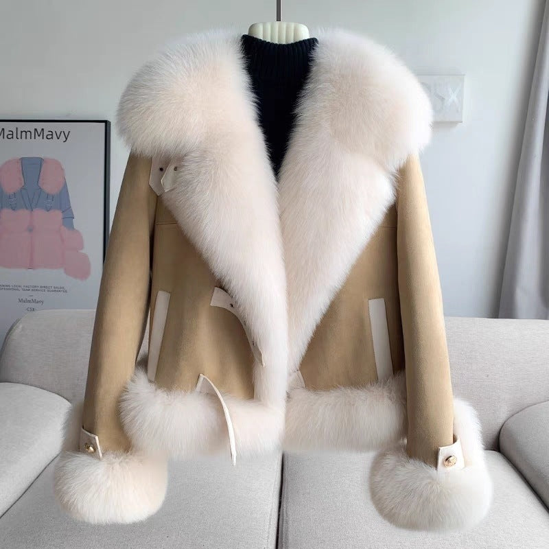 Back view of women's oversized faux fur coat