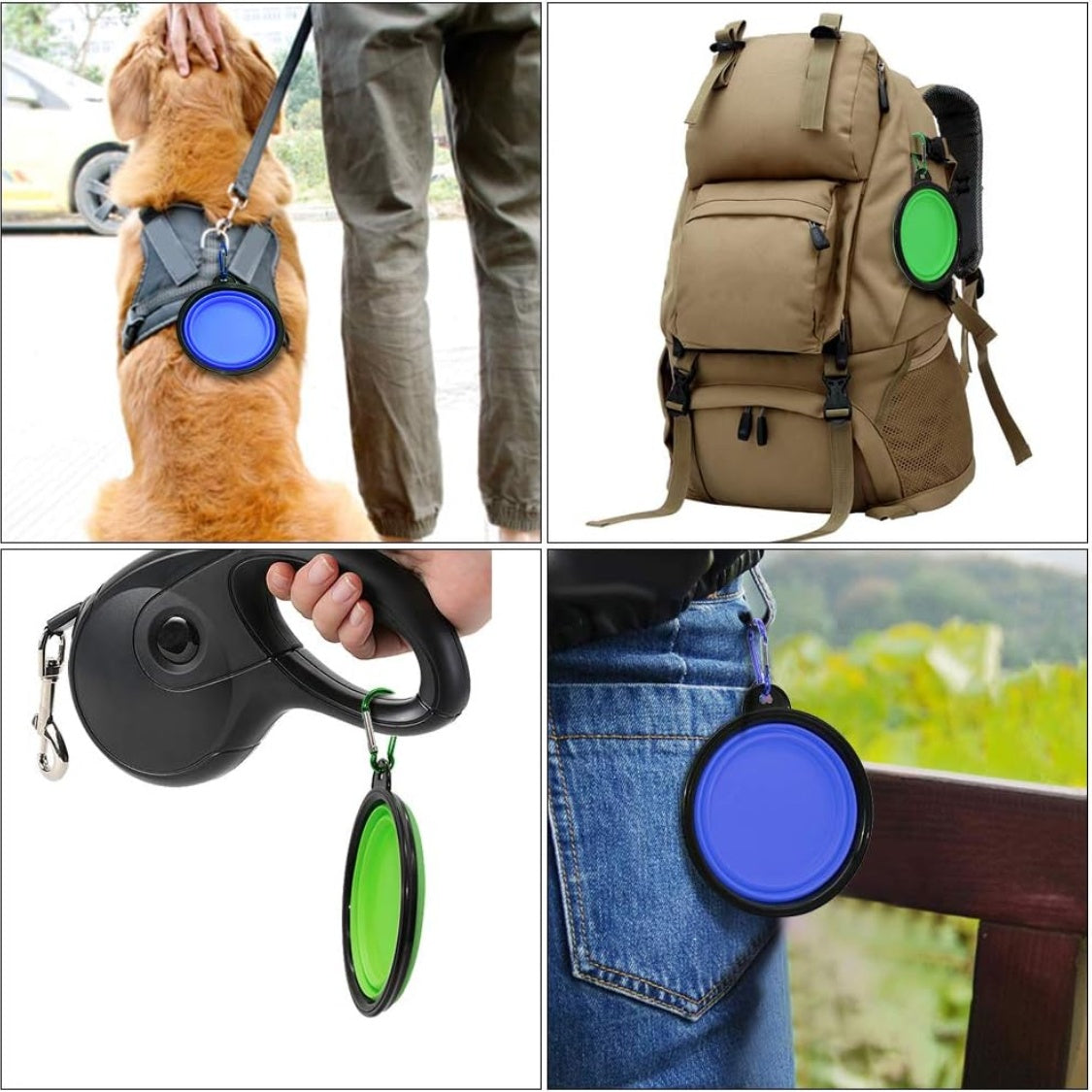 Collapsible pet bowls with carabiners attached