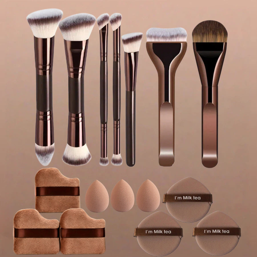 Coffee brown double-ended makeup brush set, full view