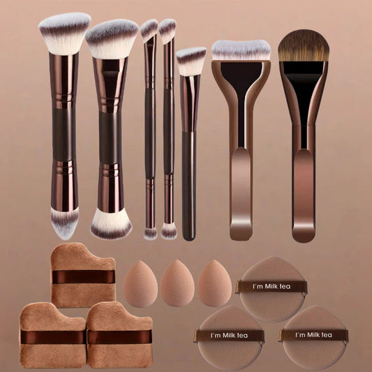 Coffee brown double-ended makeup brush set, full view