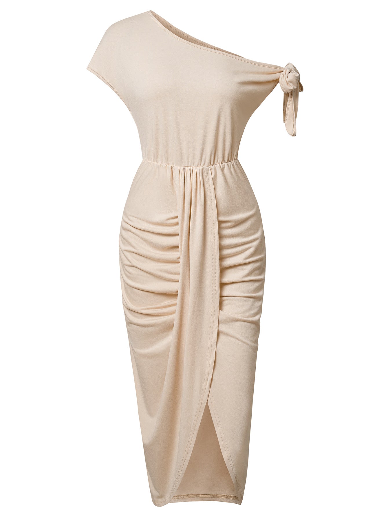 Casual knitted diagonal collar waist-slit dress - photo 2 of 10