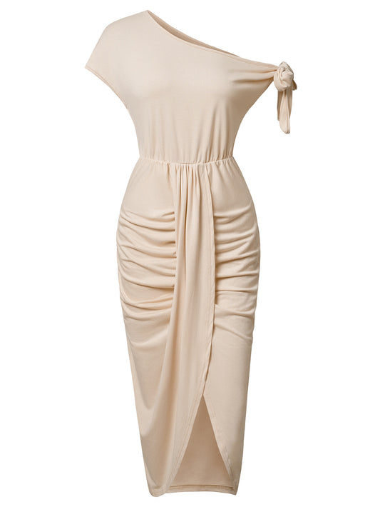 Casual knitted diagonal collar waist-slit dress - photo 2 of 10