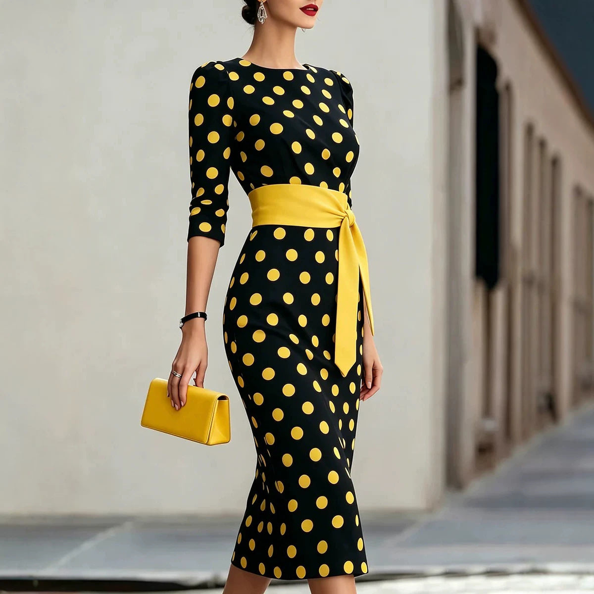 Polka Dot Pencil Midi Dress – Waist Belt, O-Neck Formal Office Wear - product photo 6 of 8