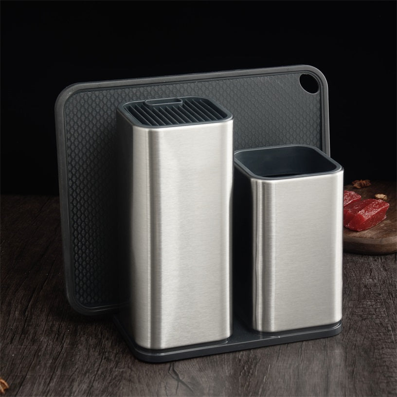 Knife holder with storage bucket and cutting board