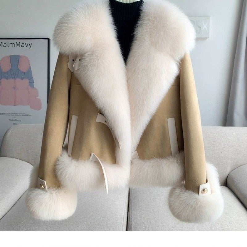 Close-up of plush faux fur texture and sleeve detail