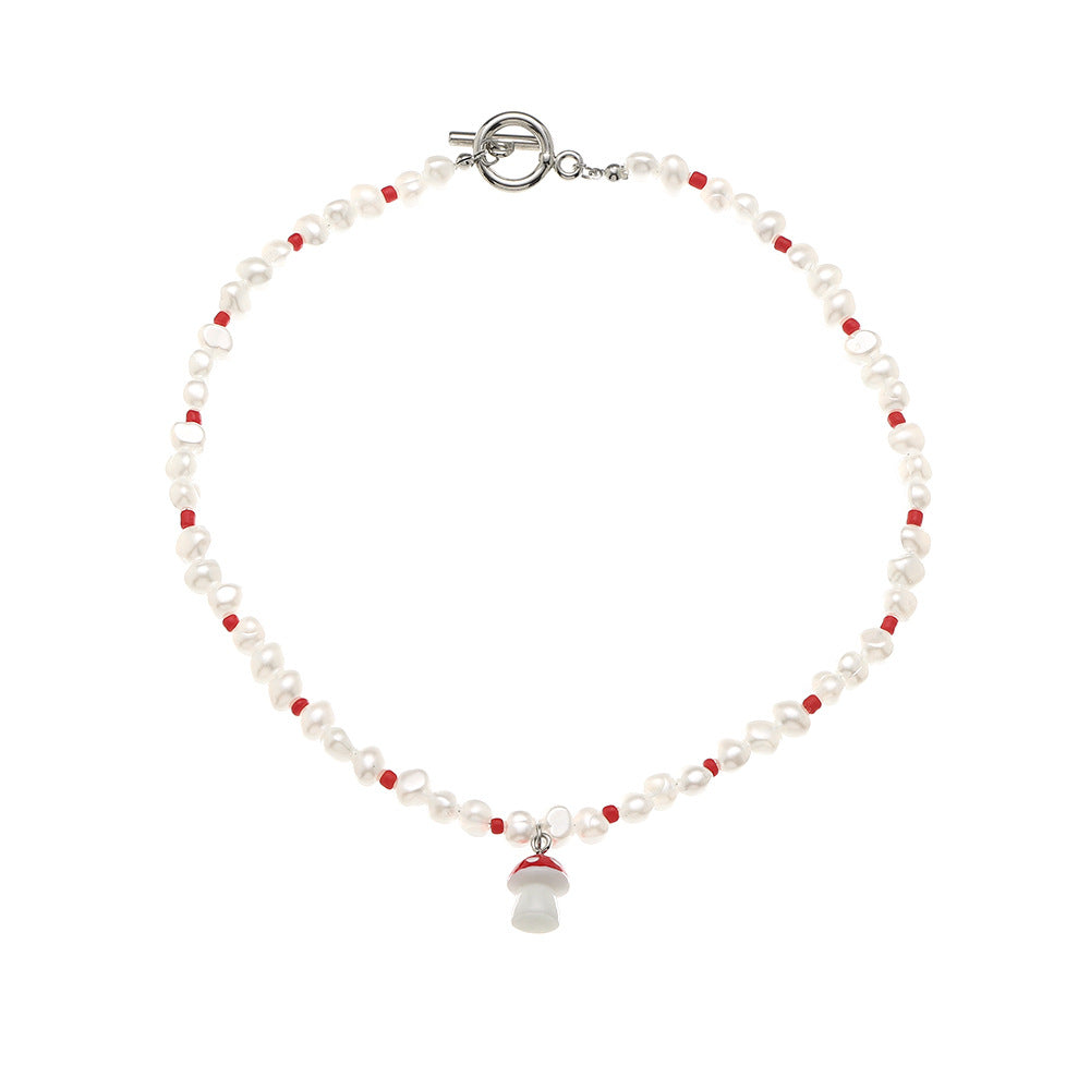 Pearl Beaded Mushroom Pendant Necklace – Adjustable Chain - product photo 5 of 6