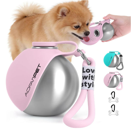 portable stainless steel pet water bottle, full view