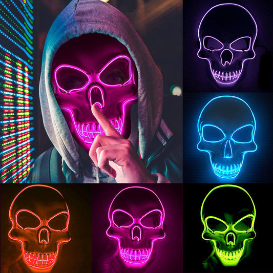 LED glow skeleton mask, front view lit up