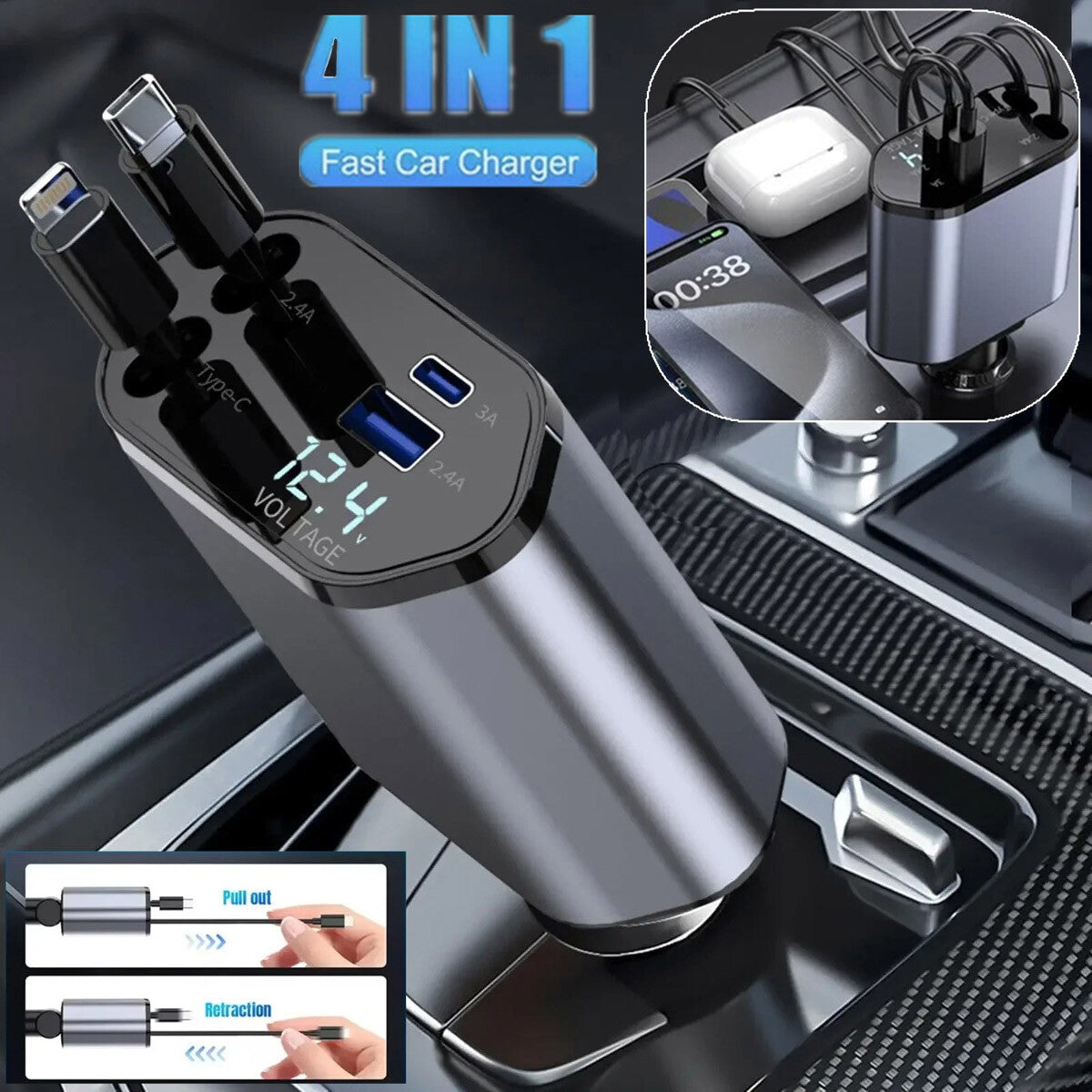 4 In 1 Retractable Car Charger Fast Car Phone Charger 120W With USB Type C Cable - product photo 1 of 8