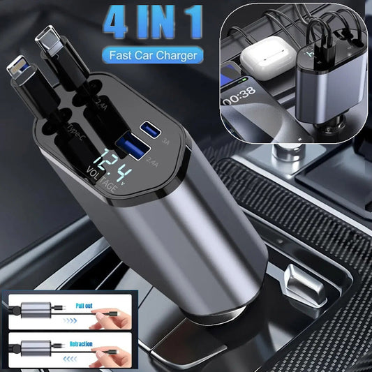 4 In 1 Retractable Car Charger Fast Car Phone Charger 120W With USB Type C Cable - product photo 1 of 8