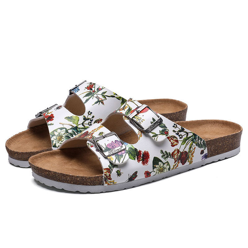 Korean-Style Cork Beach Flip Flops – Leather Sandals with Floral Detail - product photo 1 of 5