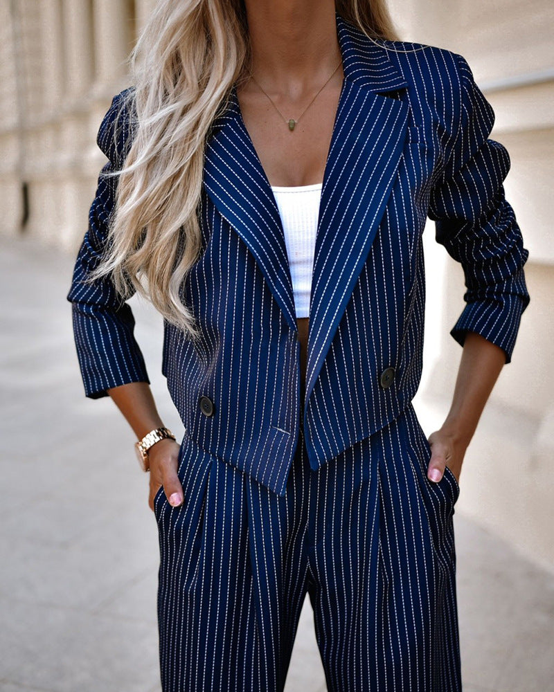 Women's Striped Two-Piece Set – Cropped Blazer Jacket & Wide-Leg Trousers - product photo 8 of 8